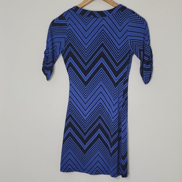 Women's Blue Black Chevron Pattern Short Sleeves Faux Wrap Mini Dress Tunic Top - Picture 2 of 11
